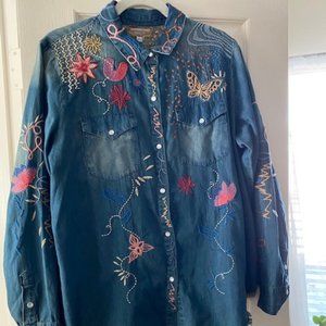 Johnny Was Denim Frayed Butterfly Shirt